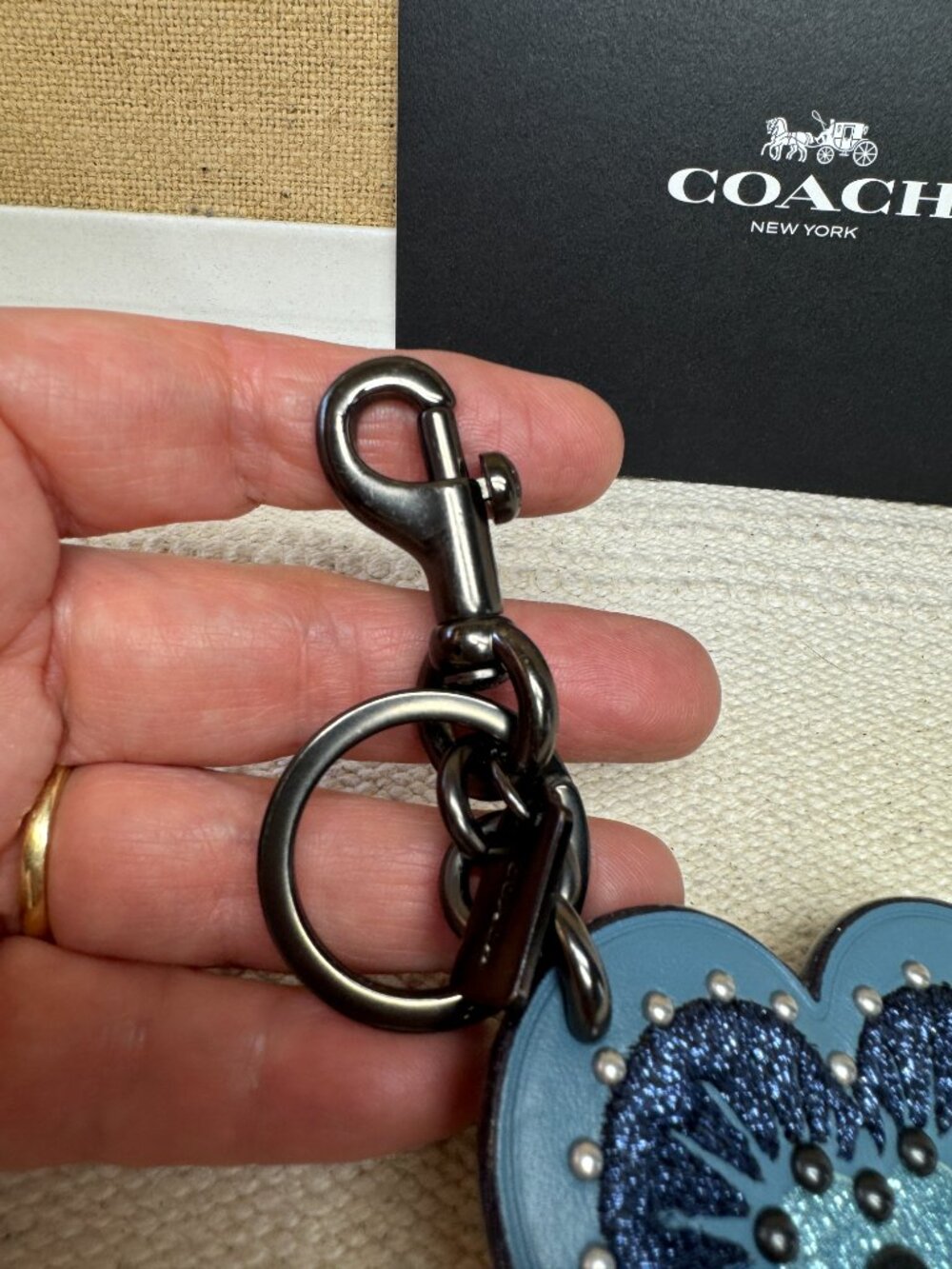 Coach Blue Heart Bag Charm Keychain Key Ring Fob Black Hardware Leather EUC - Picture 6 of 6